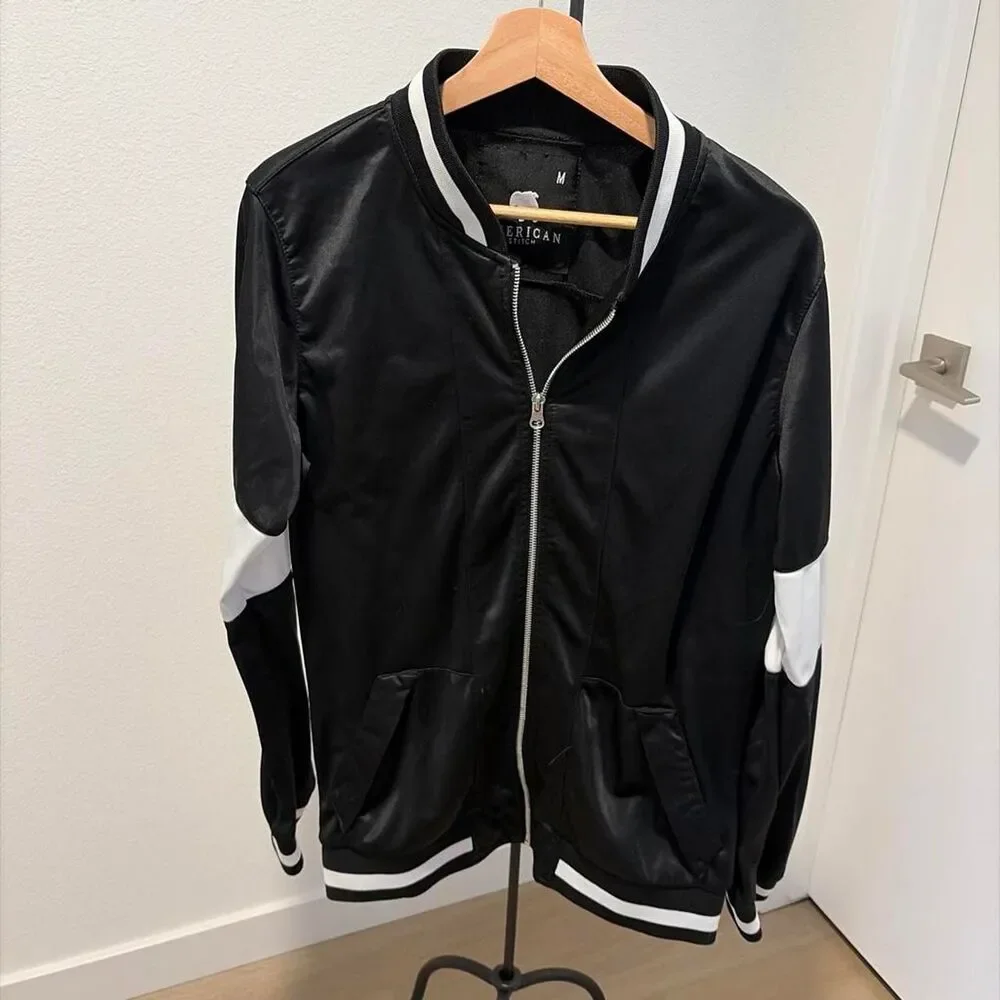 American Stitch Men's Black Full Zip Track Bomber Jacket White Stripe Size M